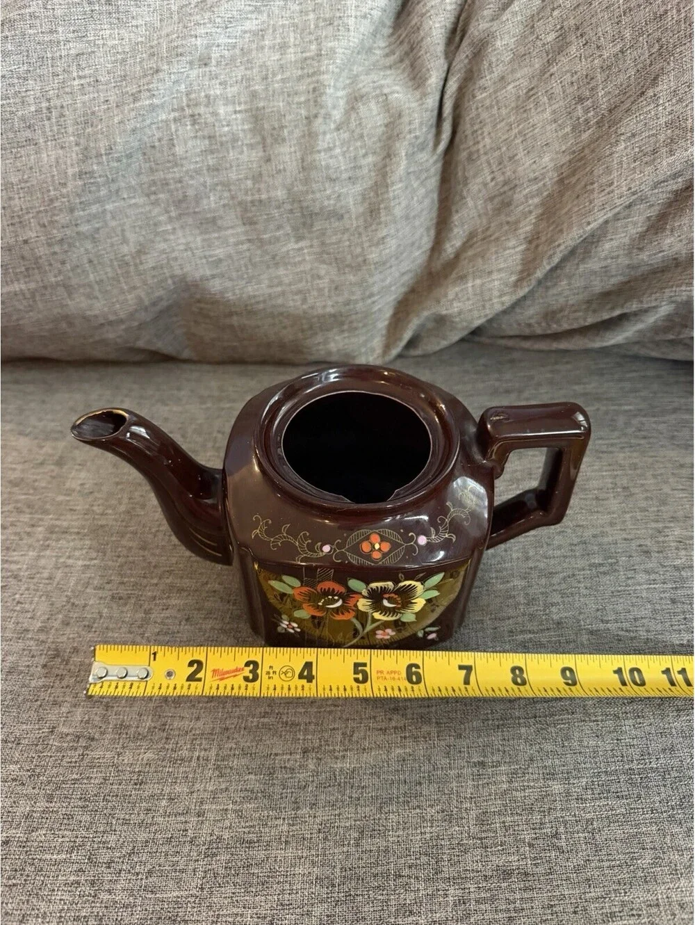 Vintage Made in Japan Brown Glazed Teapot Hand Painted Enamel Floral